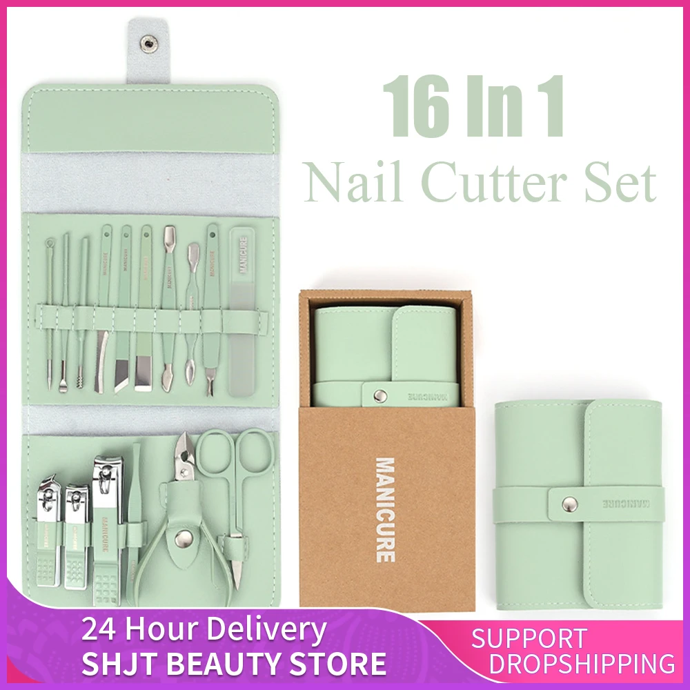 16pcs/set Nail Cutter Set Stainless Steel Nail Clippers Set with Folding Bag Manicure Kits Scissors Makeup Beauty Tool Idea Gift