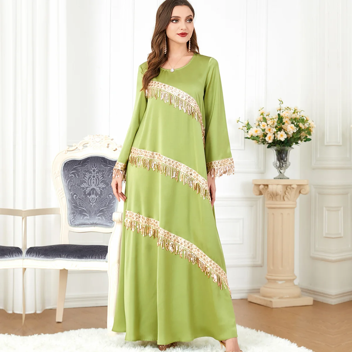 Morocco Party Dress Muslim Women Abaya Prayer Green Caftan Maxi Tassel Dresses Robe Abayas Dubai Turkey Longue Vestidos Largos