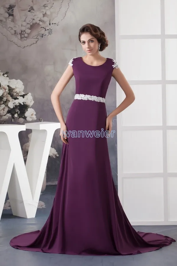 

free shipping brides maid dresses 2014 new design appliques cap sleeve women's formal with train evening gown long evening dress