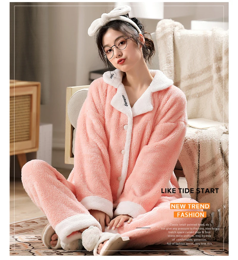 Girl's Winter Two Pieces Pajama Suit Length To The Ankle Polyester Warm Comfortable Skin-Friendly Lapel Breasted Leisure Wear