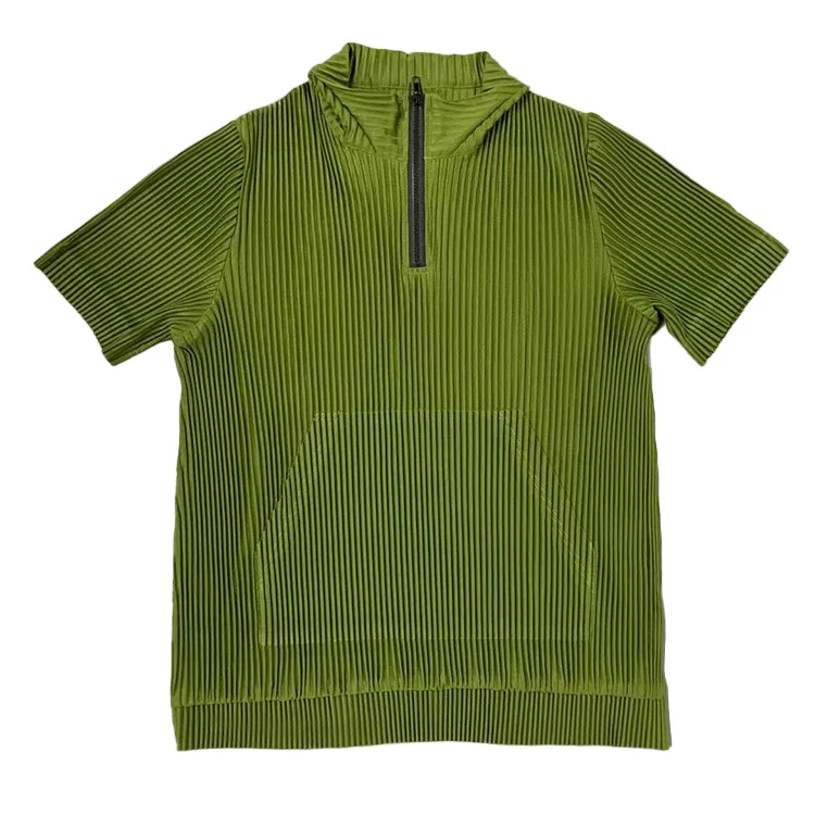 

Miyake pleated men's summer new solid color zipper small stand-up collar pullover short-sleeved t-shirt