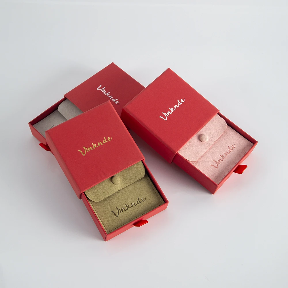 Red Cardboard Boxes Microfiber Suede Button Bags Set Custom Logo DIY Jewelry Earrings Necklace Packaging Organizer Case Pouches