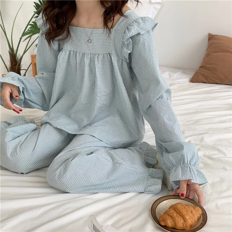 Pajama Set Plaid Homewear Two Piece Set Women Sleepwear Long Sleeve Tops Pants Pyjama Loose Korean Ladies Home Suit Ruffles