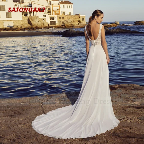 Elegant Boho Lace Square Collar Chiffon Wedding Dress for Women Applique A-Line Side Split Beach Bride Gown Vestidos De Novia