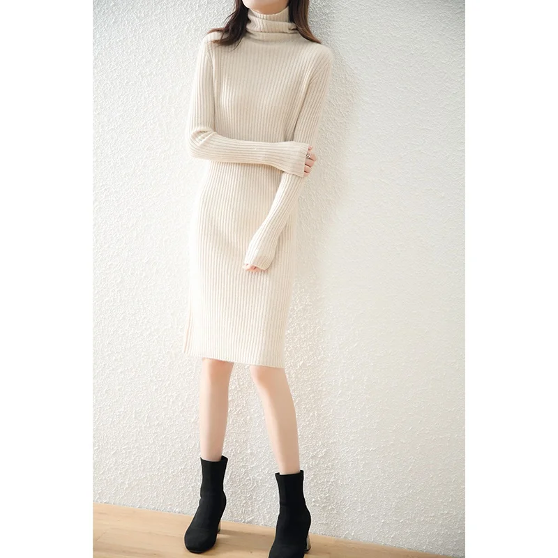 

Осенне-зимнее Новое вязаное платье с высоким воротом женский свитер с длинным рукавом средней длины облегающая Теплая юбка