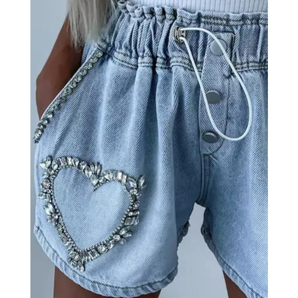 Y2K Summer New Casual Fashion Shorts Temperament Commuting Rhinestone Heart Pattern Drawstring Denim Shorts