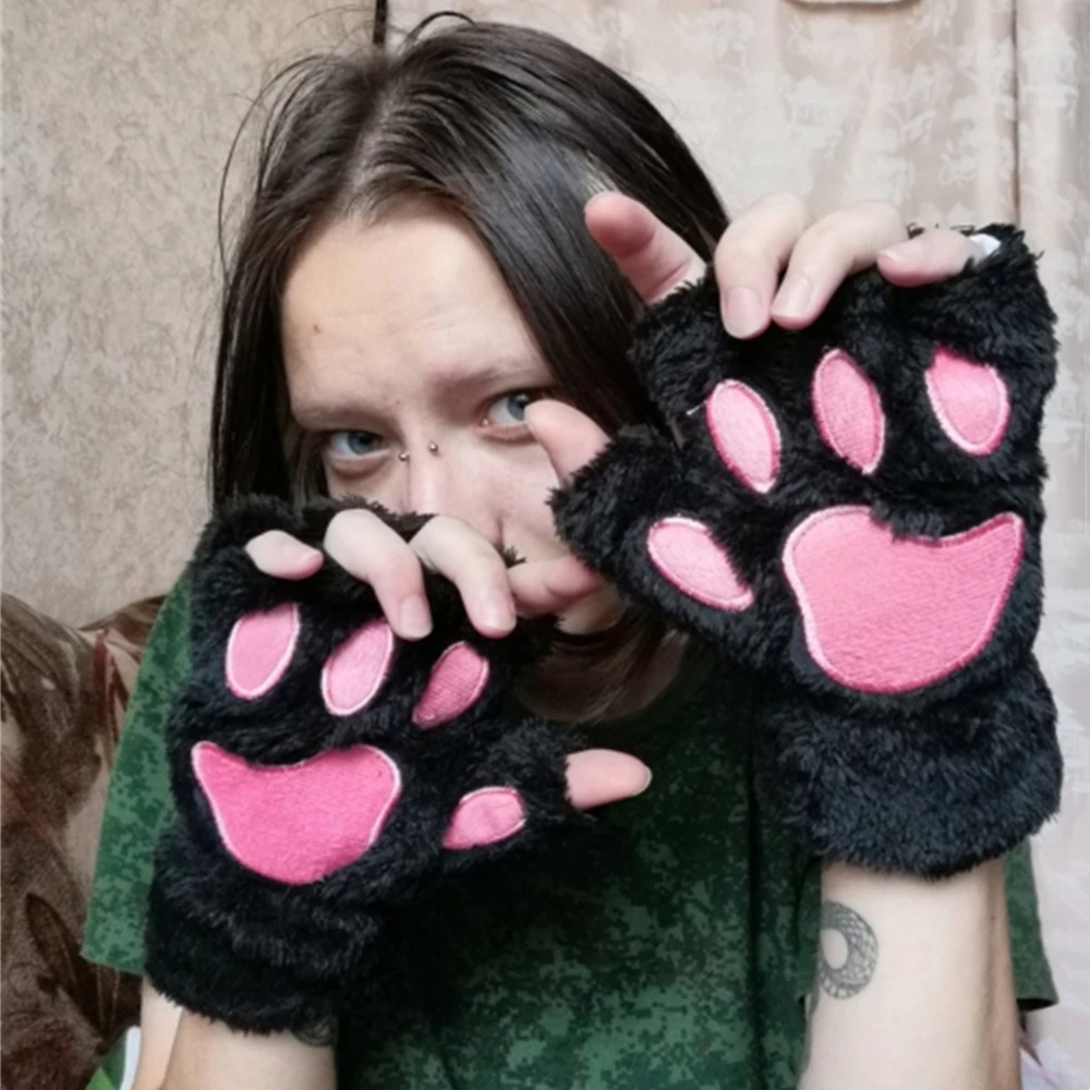 Women Cute Plush Cat Claw Paw Gloves For Girl Novelty Hand Warmer Flip Half Finger Gloves Winter Warm Fingerless Bear Cat Gloves