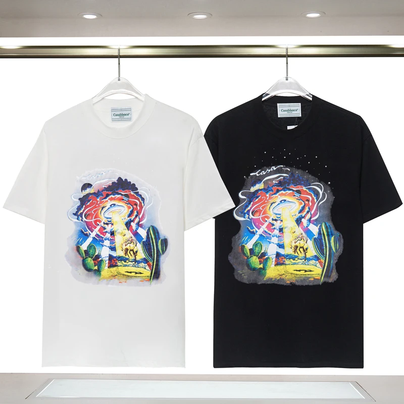 

Oversized Hip Hop Space Horse Spacecraft 3D Digital Printing White Tops CASABLANCA T Shirt For Men Women Tees