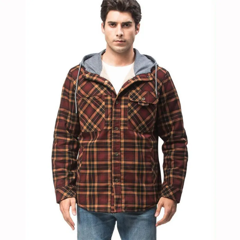 

MORUANCLE Men's Winter Warm Plaid Jackets With Hood Fleece Lined Thick Thermal Overcoat For Man Paded Outerwear Tops Parkas