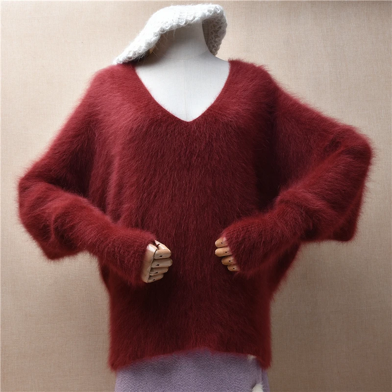 

Female Women Fall Winter Clothing Hairy Plush Mink Cashmere Knitted V-neck Long Batwing Sleeves Loose Pullover Jumper Sweater