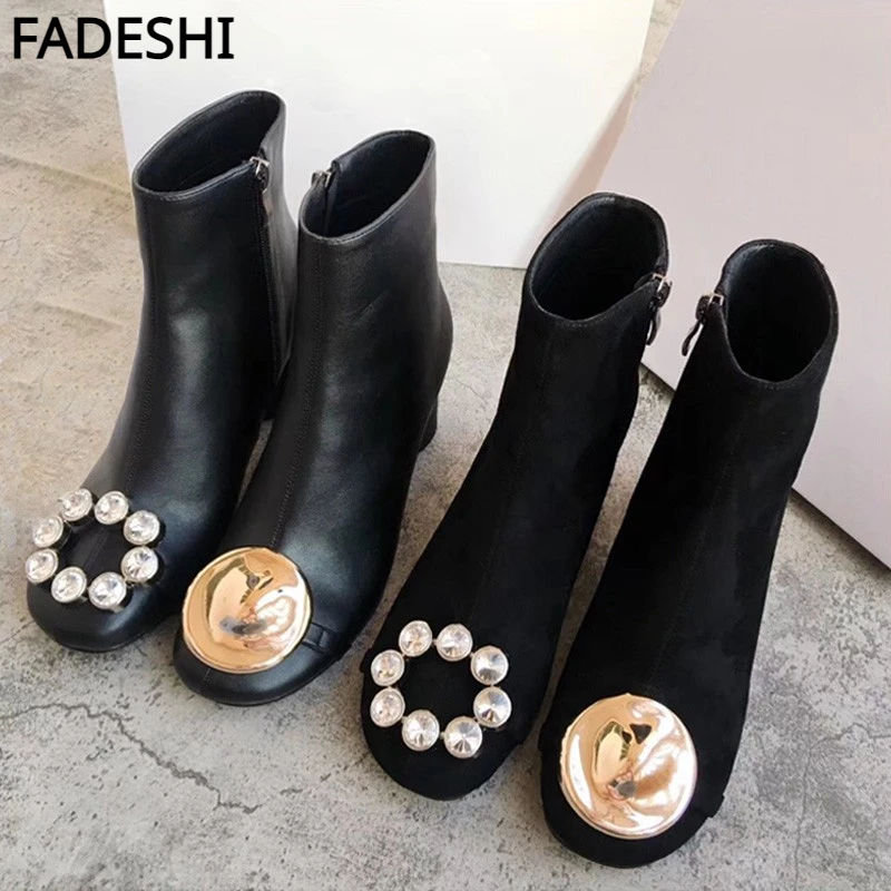 

FADESHI Women's Short Boots 2022 New Round Head Mandarin Duck Buckle Thick Heels Single Boots High Heels Size 34-40