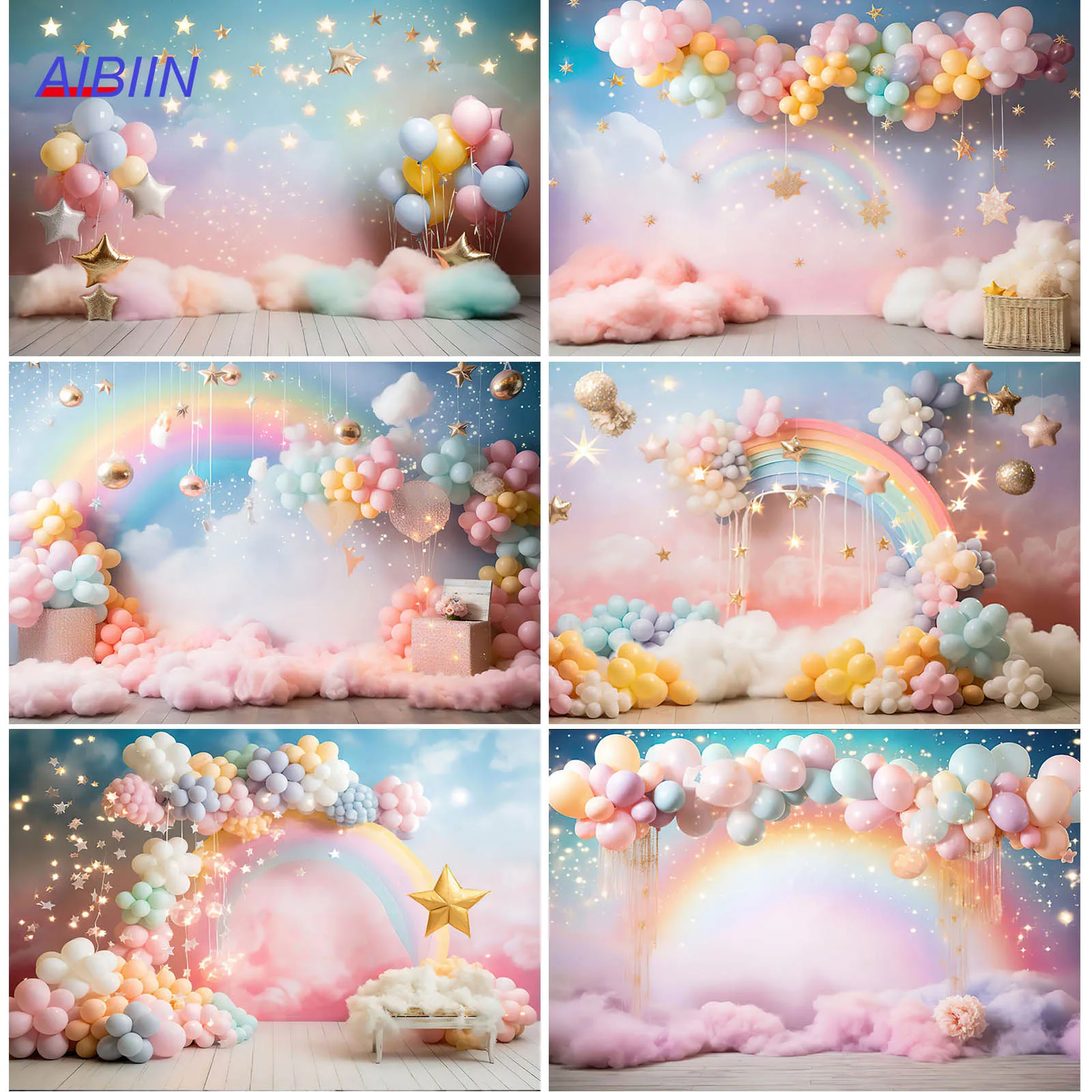 Радуга Фотография Фон Красочные Воздушные Шары Мерцающие Маленькие Звезды Дети