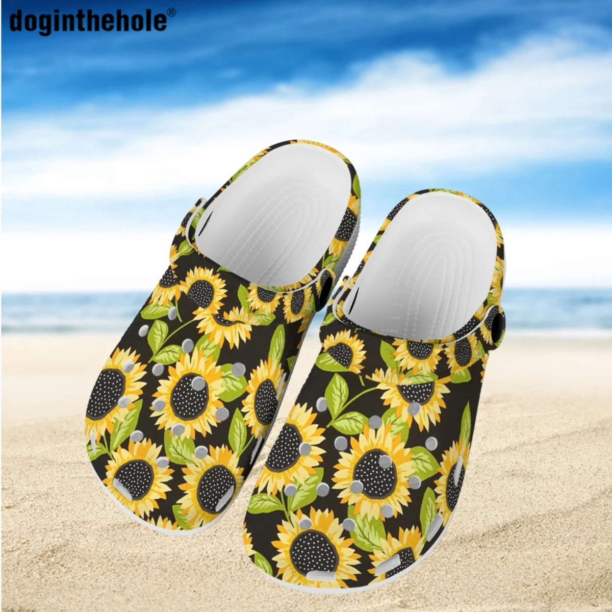 

Doginthehole Женские Летние слипоны с отверстиями для пар уличные пляжные аксессуары модный дизайн подсолнуха классические садовые туфли