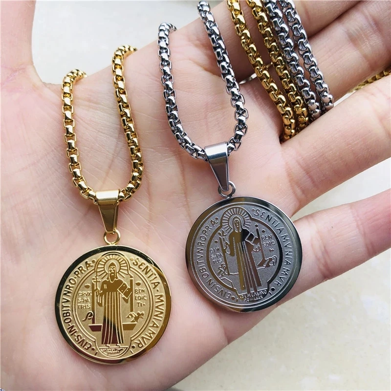 

Stainless Steel San Benito Necklace For Men Women Catholic Saint Benedict Medallion Pendant Necklace Long Choker Jewelry