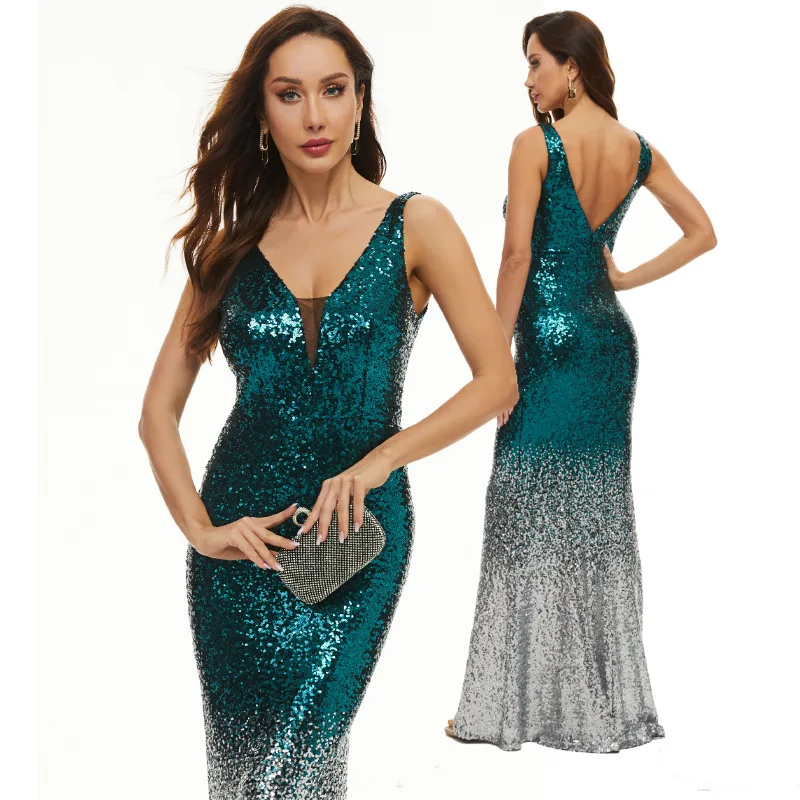 Women Elegant Sequined Prom Evening Dress Sexy V-neck Sleeveless Backless Party Dress Slim Waist Mermaid Plus Size Dresses 4XL