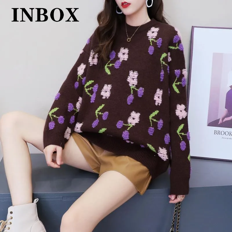 

Винтажные повседневные женские пуловеры, жаккардовые свободные женские свитера с круглым вырезом, женская вязаная одежда 2023 в Корейском стиле с цветами