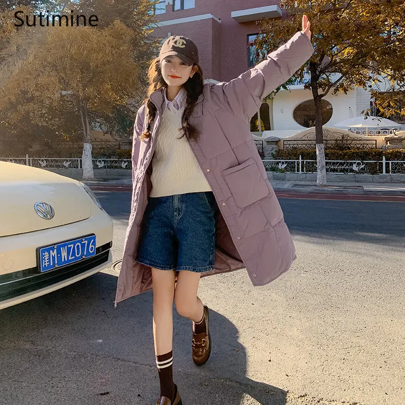 Winter Coat Women Loose Oversize Long Down Jacket Office Lady Button Winter Clothes Women Single Breasted Pockets  Coat