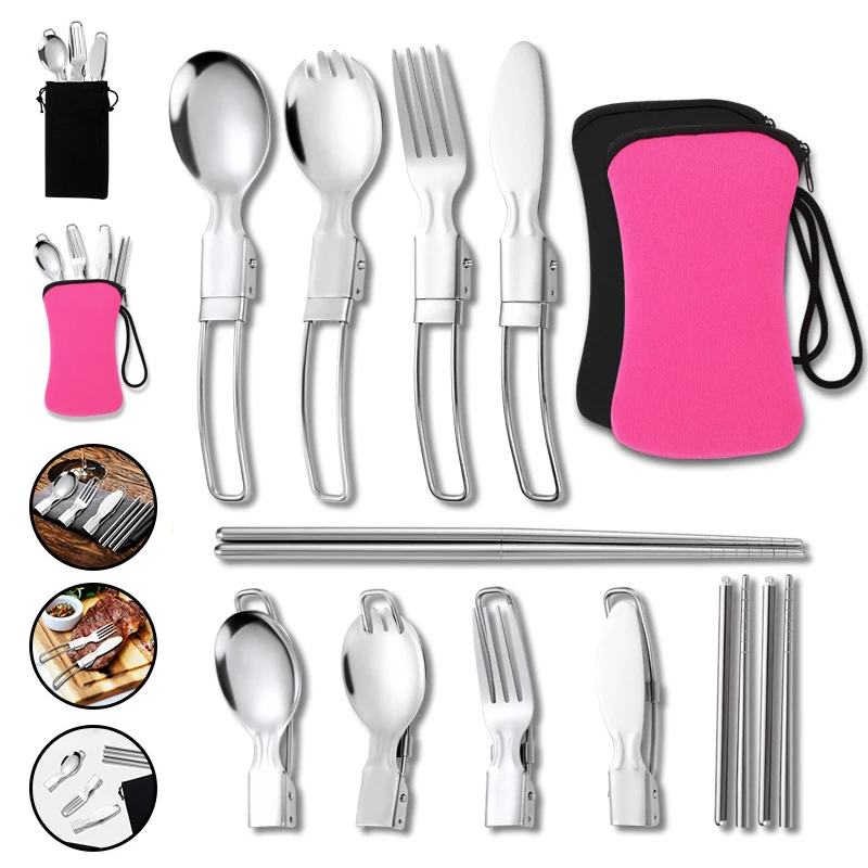 

Outdoor Tableware Set Stainless Steel Folding Spoon Knife Fork Chopsticks Camping Cookware Dinnerware Folded Flatware Cutlery