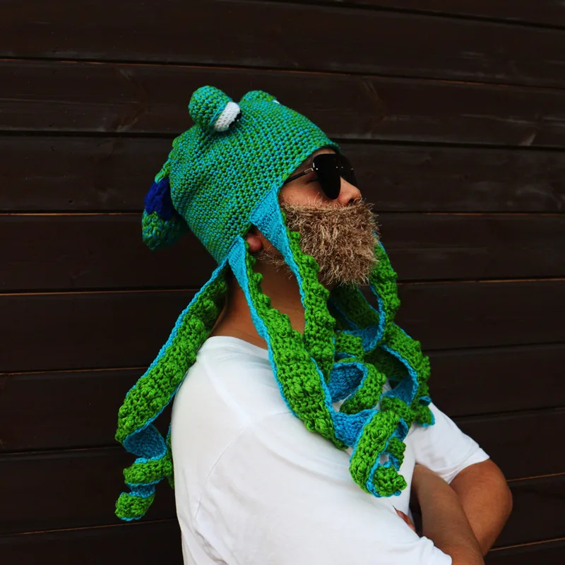 2023New Octopus Beard Knit Wool Hat Hand Weave Men Christmas Cosplay Party Funny Tricky Headgear Winter Warm Couples Beanie Caps