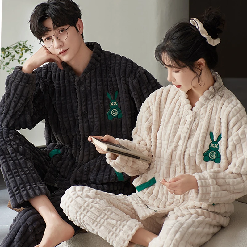 QUHENG Pajamas for Couples Set Thick Warm Coral Fleece Homewear Winter Men's Flannel Soft Casual Sleepwear Women Home Suit