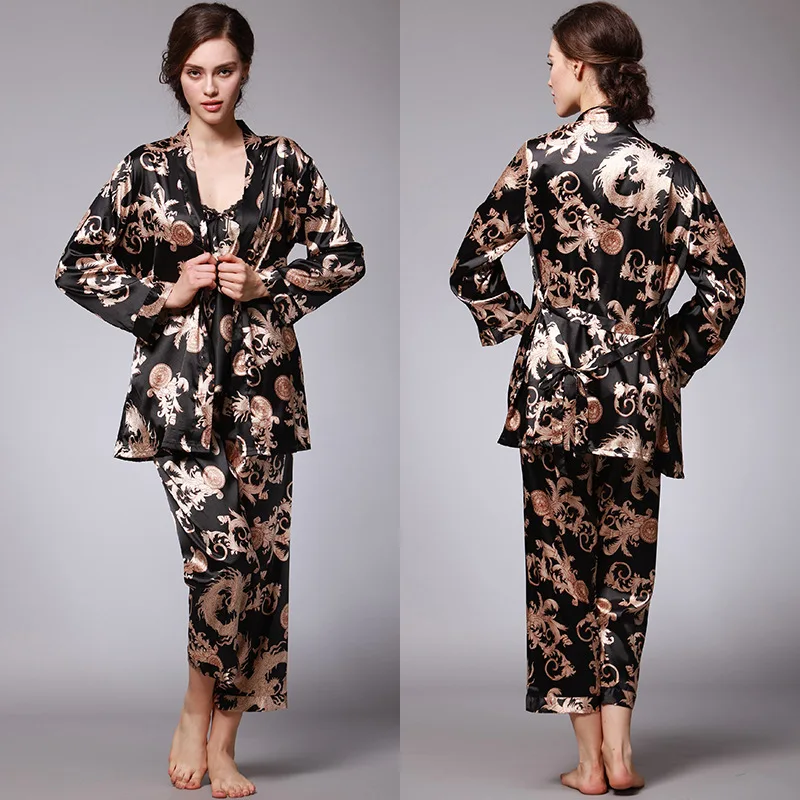 Pajamas For  Lady In Spring And Summer Thin Suspenders Outerwear Pants Three Piece Bride Home Outfit Robe Women`s