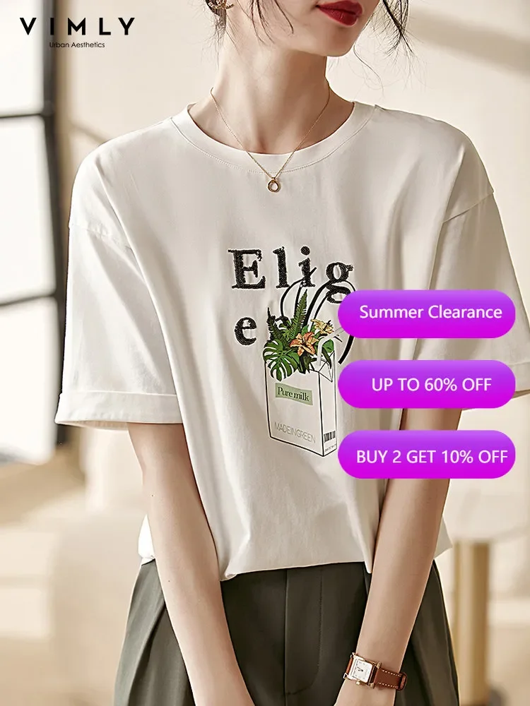 

VIMLY T-shirt for Women Summer 2022 Casual Loose O-neck Lettering Printed Short Sleeve Tops Simple Fashion Female Clothing V3367