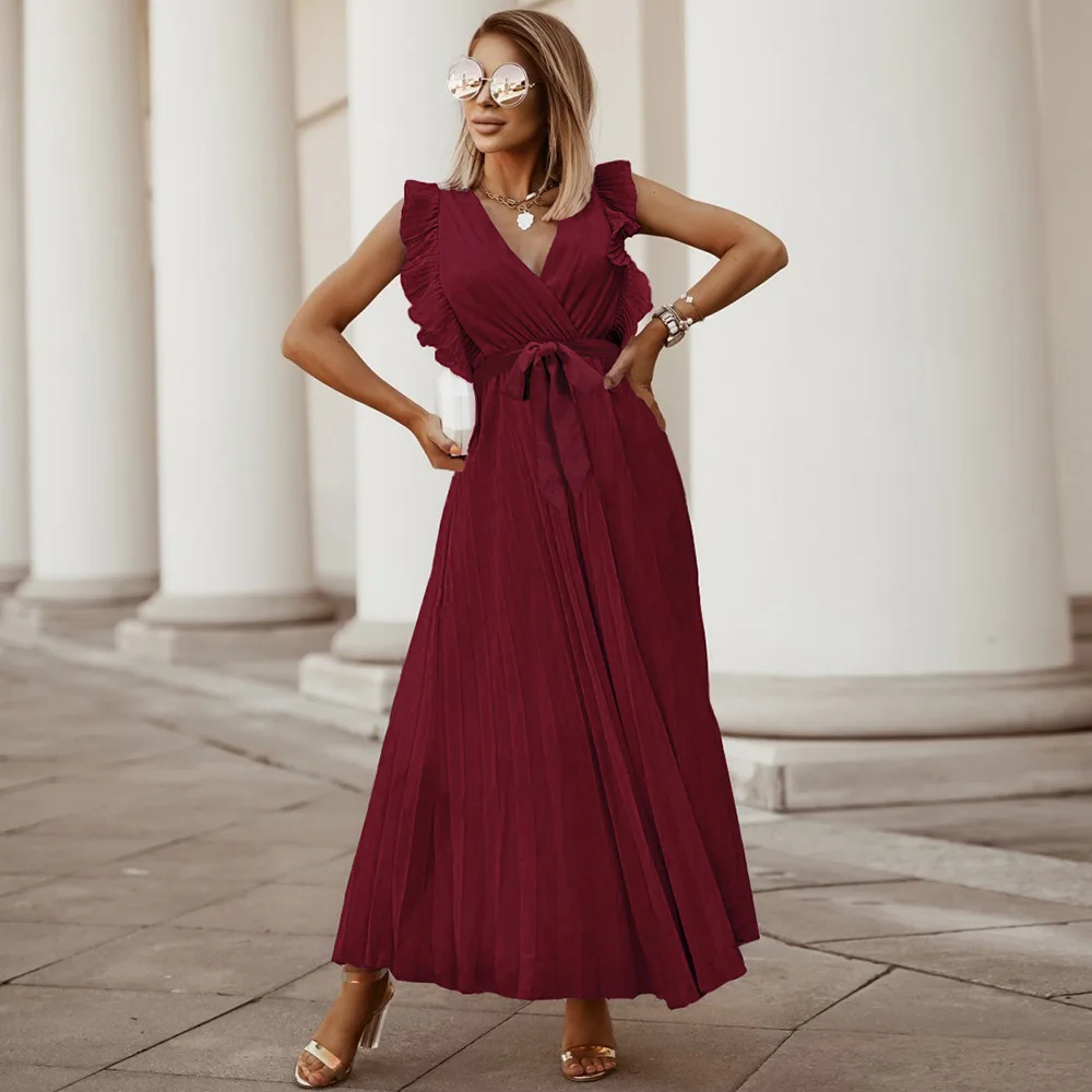 

V-Neck Long Solid Color Pleat Women's Summer Dress 2022 Casual Chic Elegant Petal Sleeve Party Fashion Ladies Dress