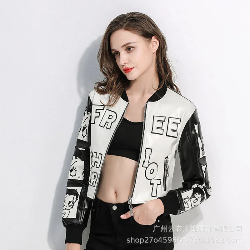 Short Fashionable Leather Jacket In Spring And Autumn Women'S Black And White Fashion Embroidery Locomotive Slim Coat Letter Jac enlarge
