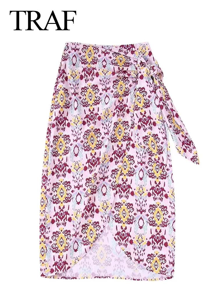 

TRAF Elegant Skin Friendly Pink Vintage Print Women One Piece Skirt Fashion Waist Bow Tie Asymmetric Hem Slit Ladies Skirt