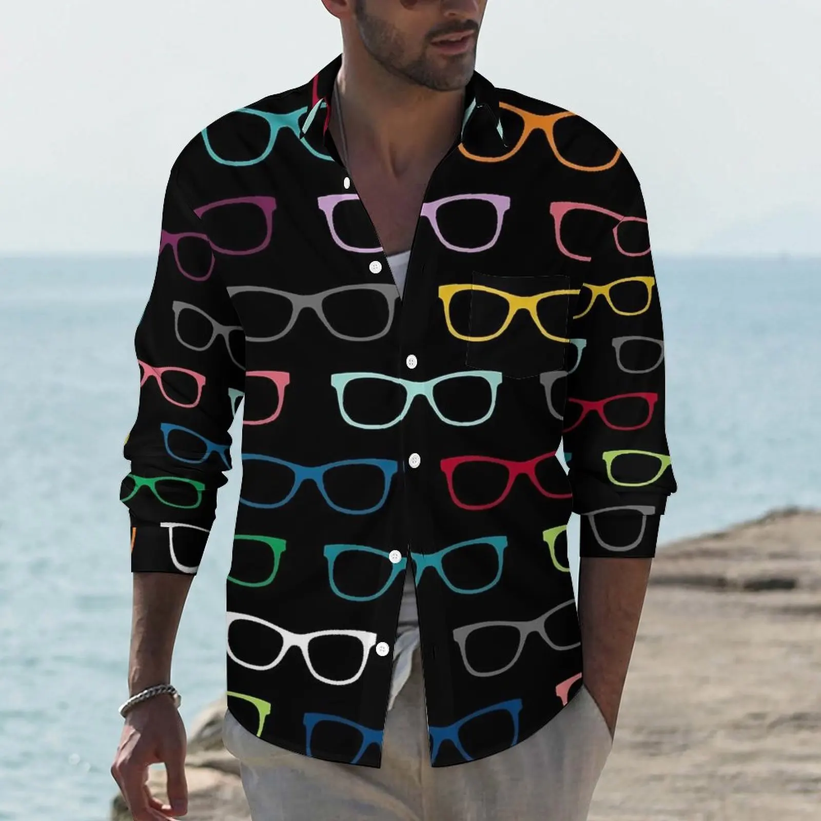 

Красочные очки Y2K Повседневная рубашка мужская хипстерская рубашка для очков Весенняя Ретро блузка с длинным рукавом индивидуальная Одежда большого размера