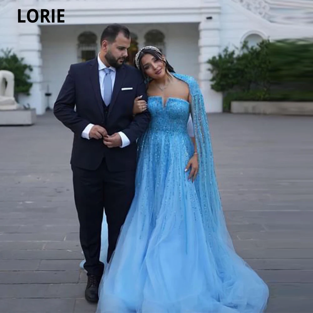 

LORIE Дубай небесно-Голубые Вечерние платья с вырезом лодочкой блестящее женское ТРАПЕЦИЕВИДНОЕ арабское платье для выпускного вечера свадебное платье abiti da cerimonia