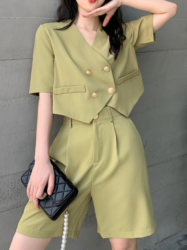 

Summer Thin Shorts Sets Korean Chic 2 Two Piece Set Women Short Sleeve Double-breasted Suit Jacket Crop Top + Short Pants Suits