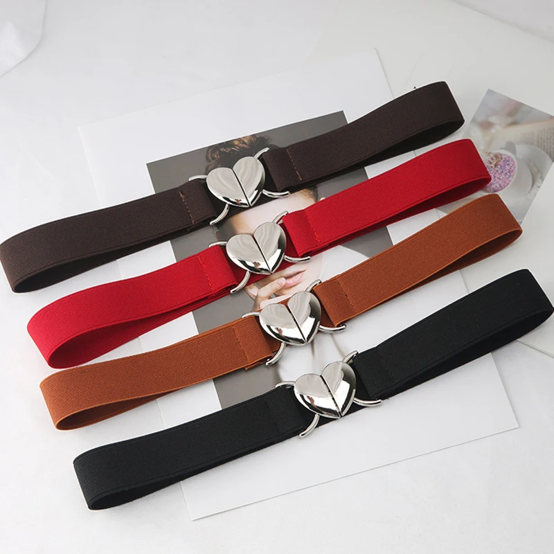 

Ladies Exquisite Metal Love Heart Buckle Waistband Solid Color Simple All-match Accessories Elastic Belts Thin Belts Waistband