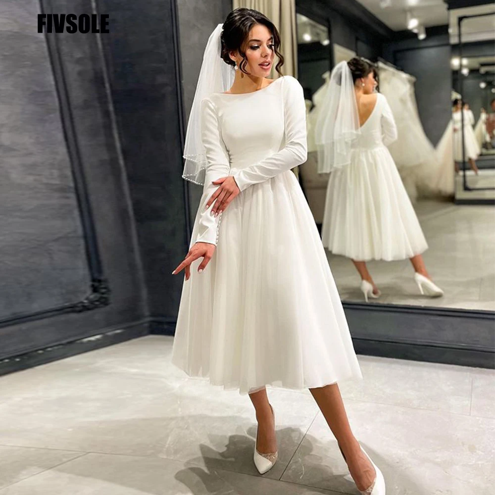 

Fivsole Minimalistic Style Open Back High Neck A-Line Wedding Dress 2022 Tulle Tea Length Bridal Gowns Buttons Sleeves Vestidos