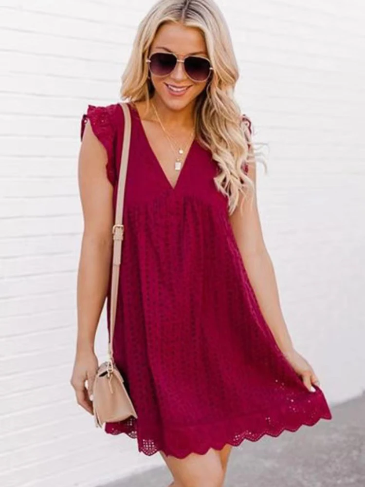 

Mini Dress V-neck Flying Sleeve Hollow Out Loose Waist Solid Color Summer White Dress Fashion Sexy Comfortable Women Clothing