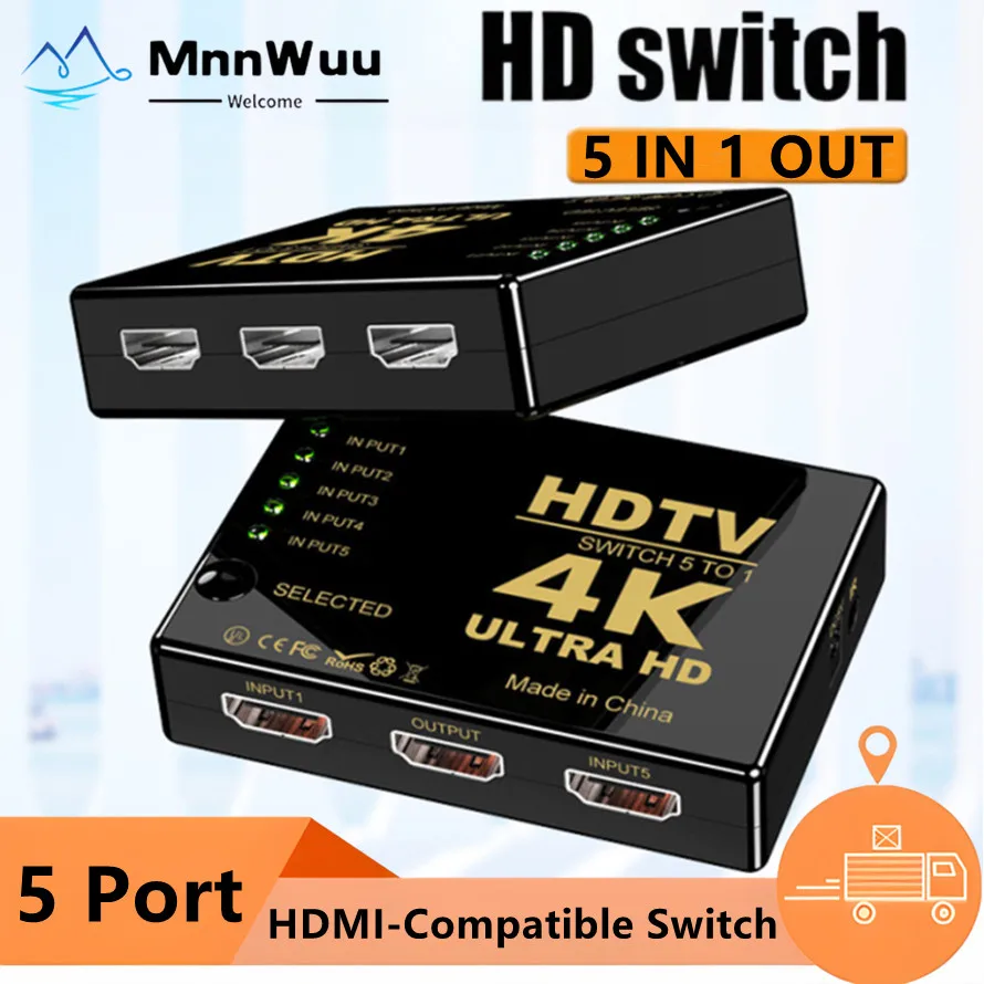 Фото 4K HDMI-совместимый переключатель, 5-портовые HDMI-совместимые переключатели с ИК-пультом дистанционного управления для Xbox PS4, DVD, HDTV, ПК, ноутбука, ТВ №1