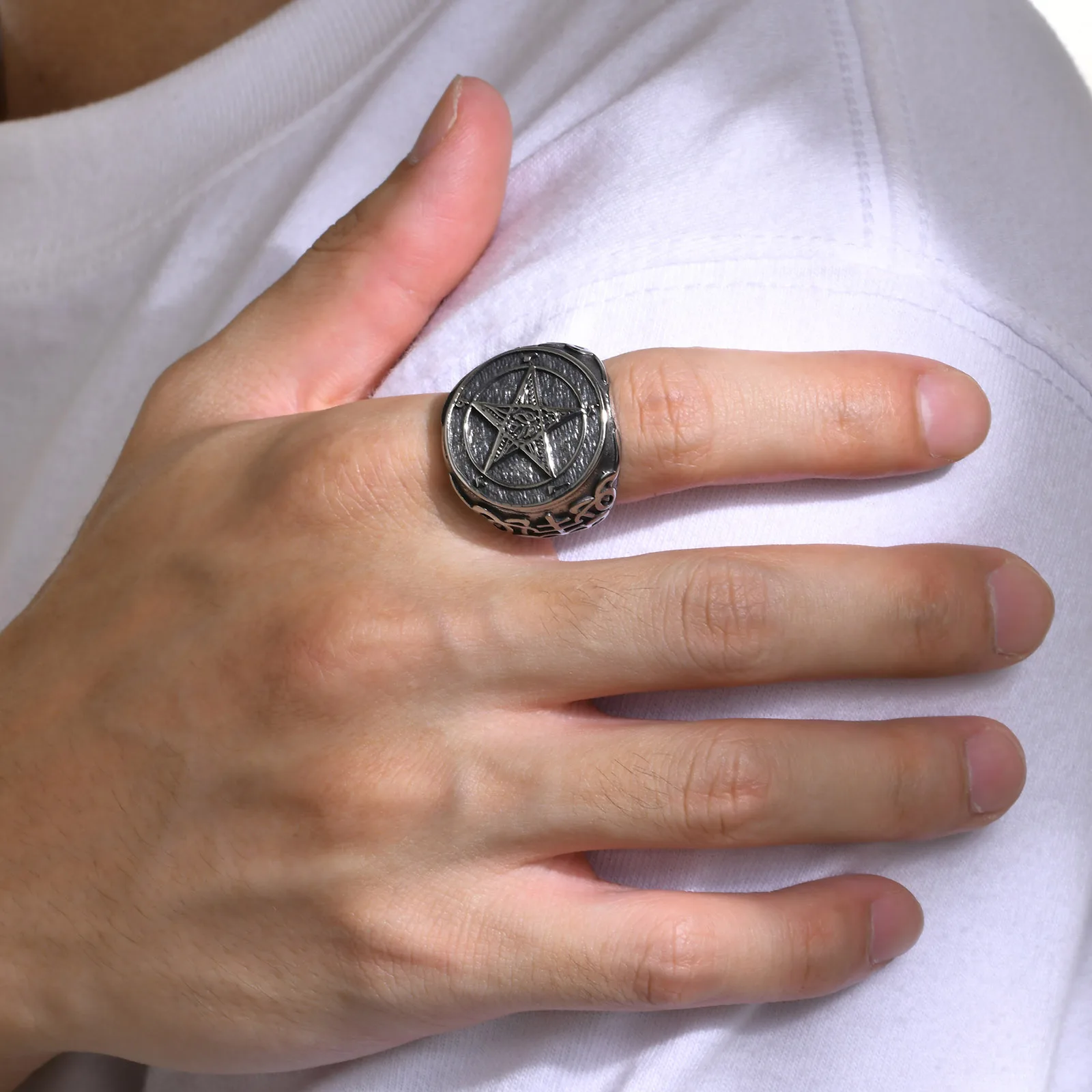 

Men's Classic Chunky Lucifer Ring, Pentagram Satanic Goat Rings Sulfur Leviathan Cross Satan Demon Devil Symbol Ring