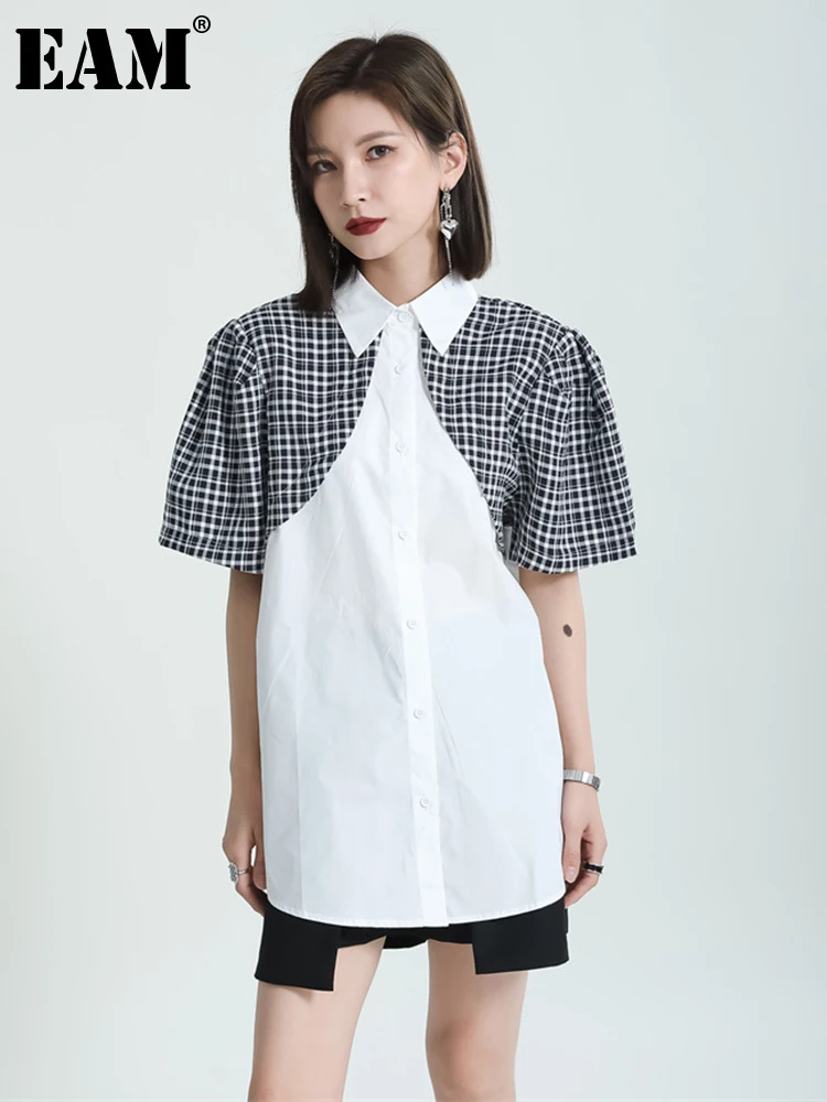 

[EAM] Women Black Plaid Big Size Casual Blouse New Lapel Short Sleeve Loose Fit Shirt Fashion Tide Spring Summer 2022 1DE8009