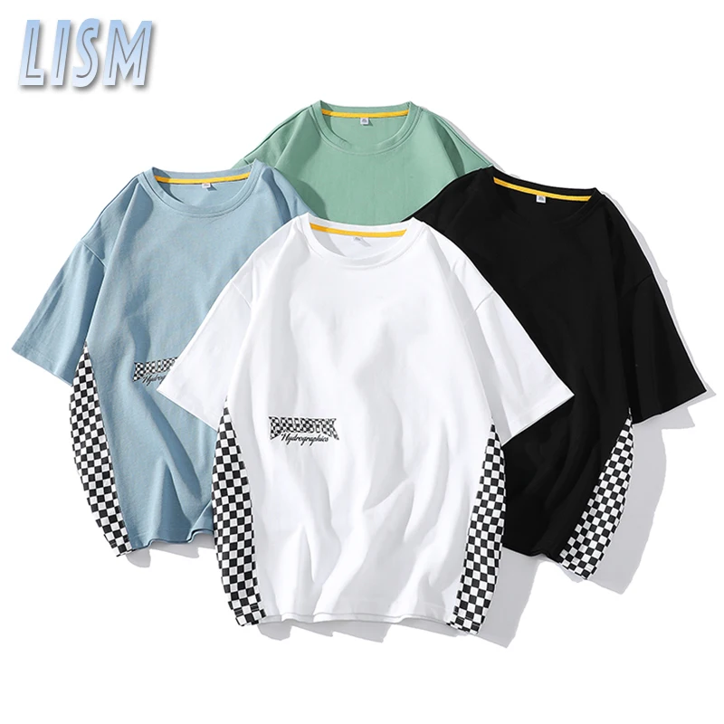 

LISM Harajuku Style Streetwear Summer Oversized T Shirt Men Casual Tees Plaid Print O-Neck Hip Hop Tshirts Fashion Male Clothing