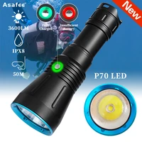 asafee hot professional led diving flashlight rechargeable 3600lm xhp70 led diving depth 50m ipx8 waterproof dive lantern lamp