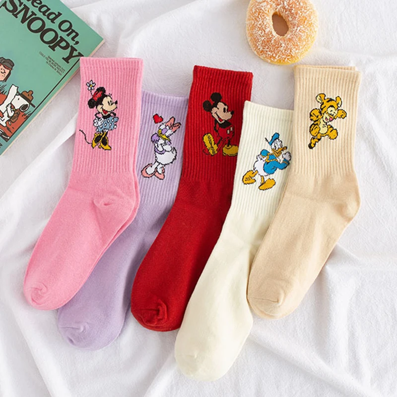 Women Cartoon Cute Solid Mickey Minnie Dais Donald Duck Girl Cotton Tube Socks Fashion Sports Long Socks Female