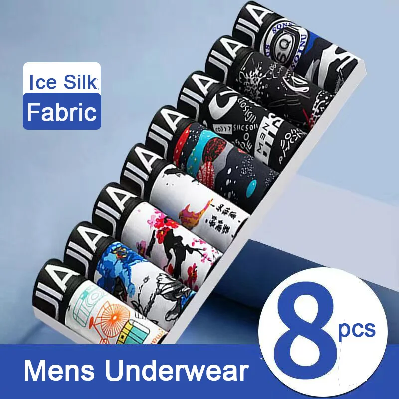 

8pcs/Lot Men's Panties Ice Silk Male Underpants Fashion Print Breathable Breathable Shorts Boxers Underwear Large Size L-4XL