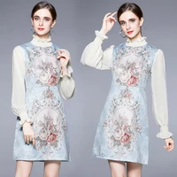 2022 spring and summer new runway show fashion temperament printed peony stitched mesh long sleeve stand collar dress