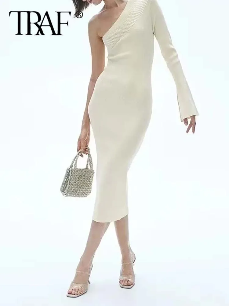 

TRAF Knitted long skirt Dress Women Asymmetric Bodycon Dress Women Ruched Evening Party Dresses Sleeveless Midi Summer Dresses