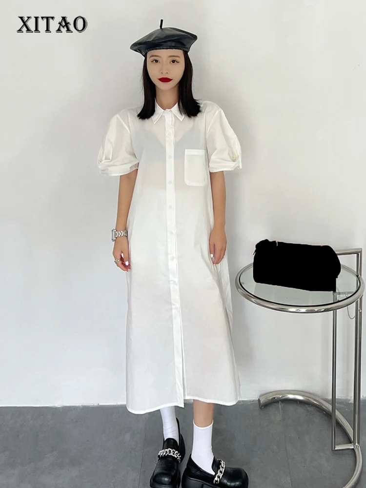 

XITAO Casual Shirt Dress Fashion Folds Puff Sleeve Simplicity Temperament Loose New Women Slit Dress 2022 Summer WLD8251