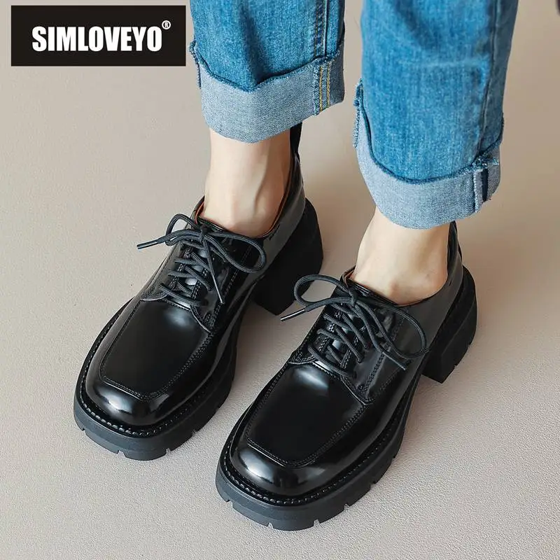 

SIMLOVEYO Genuine Leather Pumps For Women Square Toe Chunky Heel 5cm Lace Up Mixed Color Casual Female Shoes Loafers Big Size 40