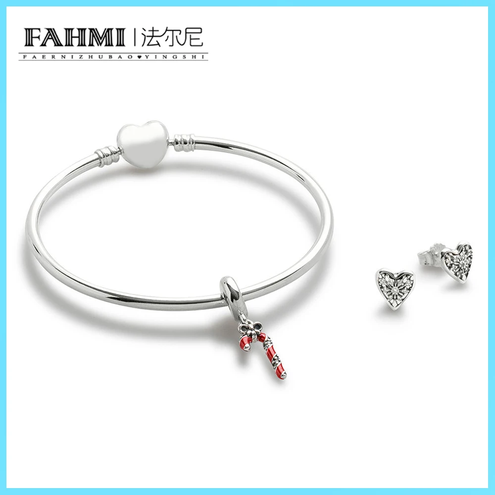 

FAHMI 100% 925 Sterling Silver Sweet SPARKLING CANDY CANE HANGING CHARM Hearts of Winter Earring Studs Heart Bracelet Set CS1701