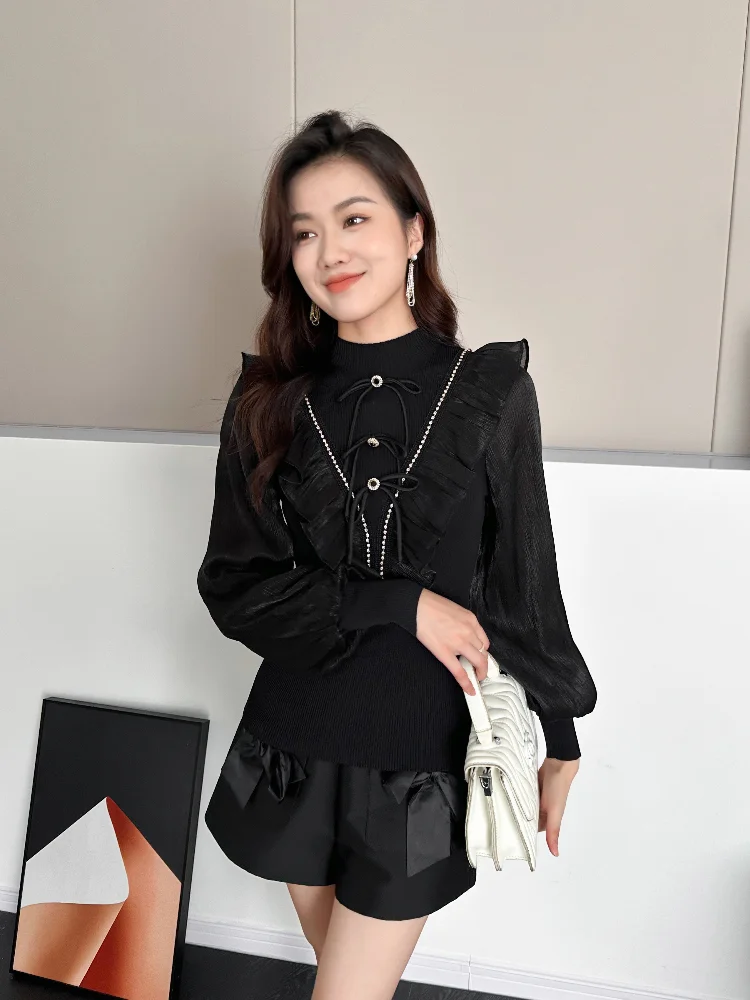 2024 зимняя уличная модная утягивающая толстовка с бантом и длинными рукавами