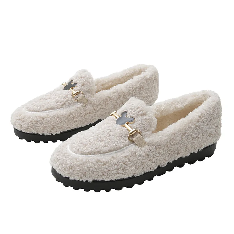 2022 Winter Femme Thicken Fuzzy Moccasins White Wool Shoes Ladies Luxury Buckle Flats Women Plush Sheep Fur Loafers