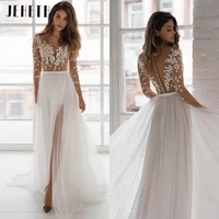 jeheth simple chiffon wedding dresses 2022 lace applique o neck button back sweep train a line long sleeve bridal gown